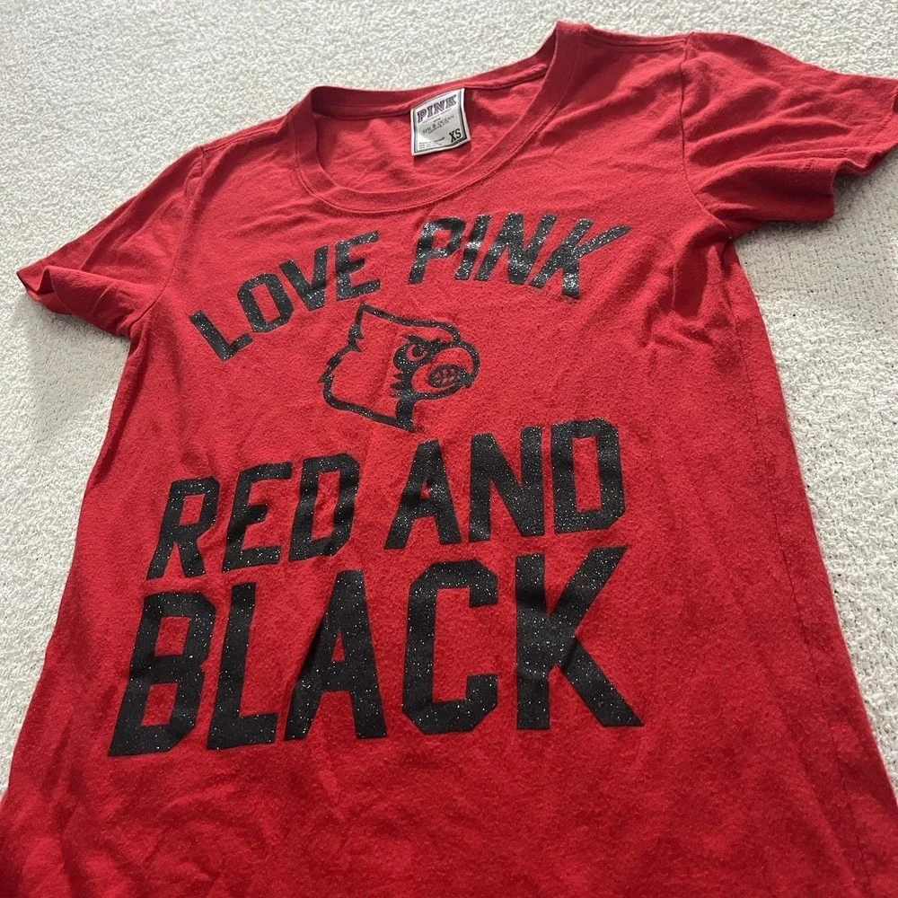 Louisville Cardinals Victoria's Secret Pink Glitter T Shirt XS U Of L‎ Red Black